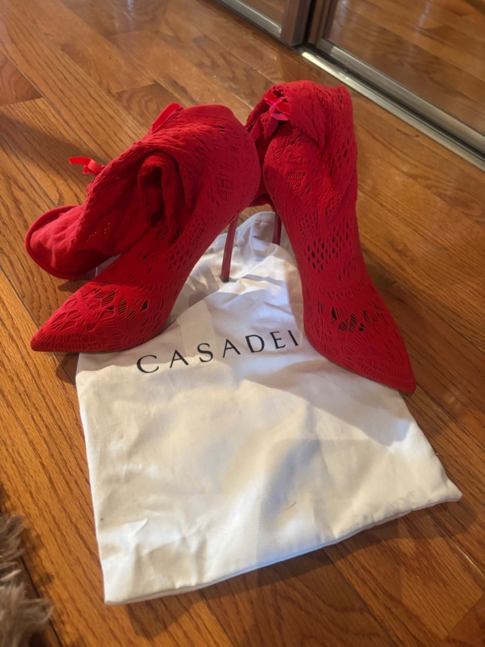 Casadei Red Lace Pointed-Toe Stiletto Booties